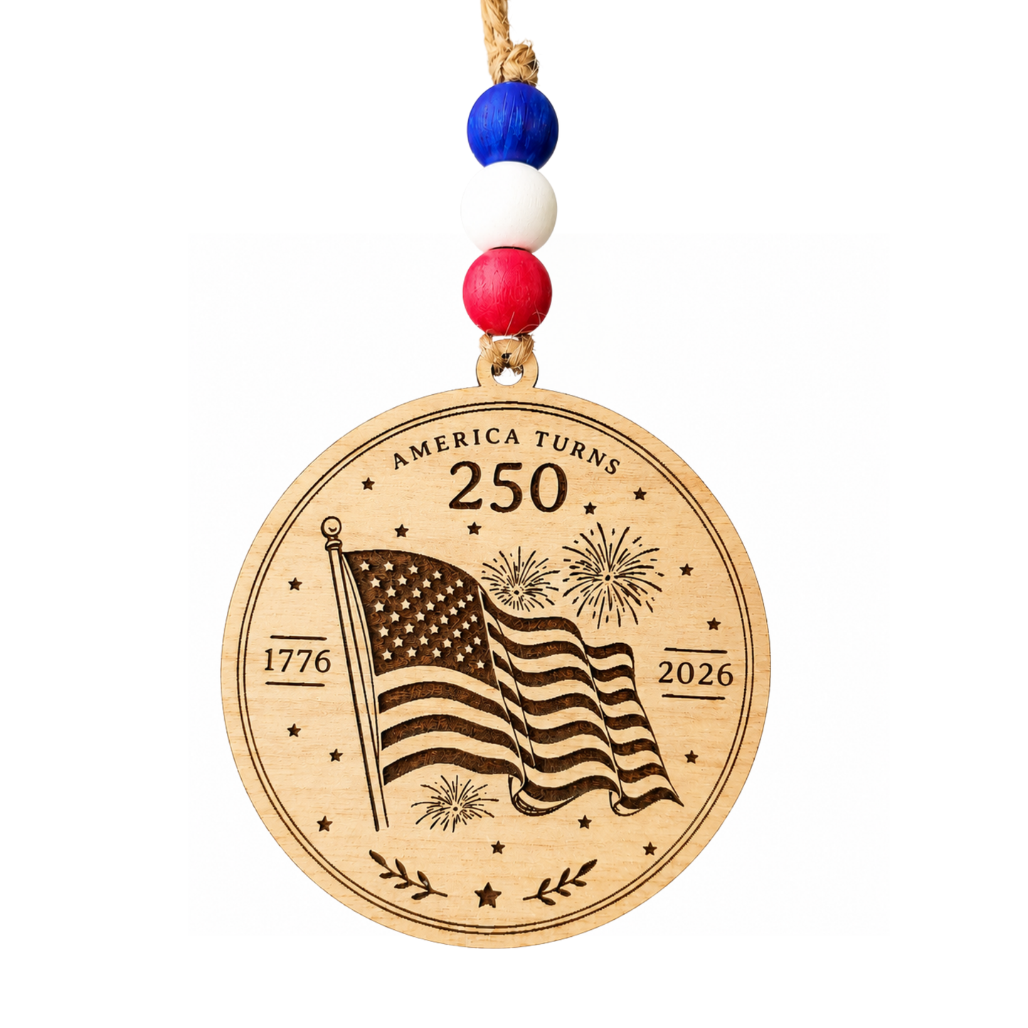 Handcrafted wooden America 250 ornament featuring Flag. Laser engraved patriotic keepsake with red, white, and blue bead accents celebrating America's 250th anniversary.