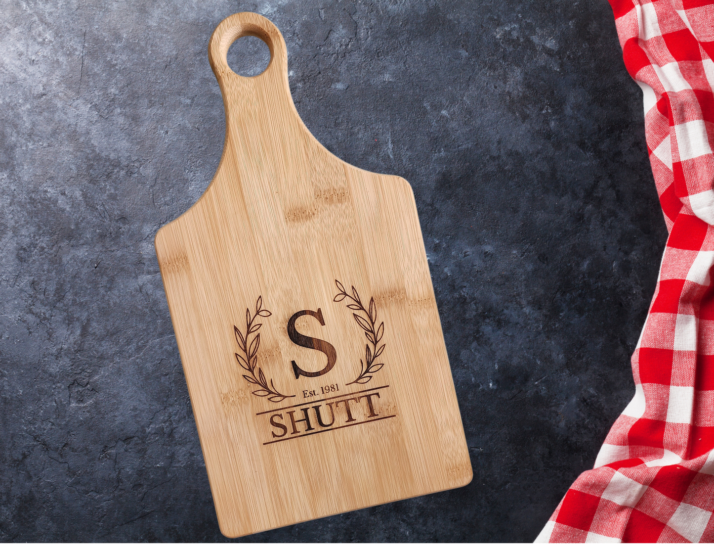 Personalized Bamboo Cutting Board with Handle – Custom Engraved Name & Initial | A Gift That Feels Like Home