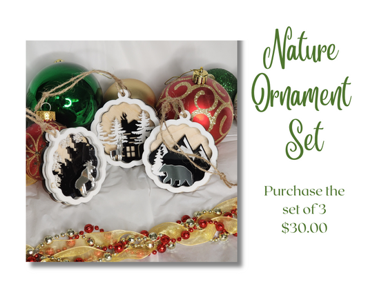 Set of three Nature Ornaments in acrylic.