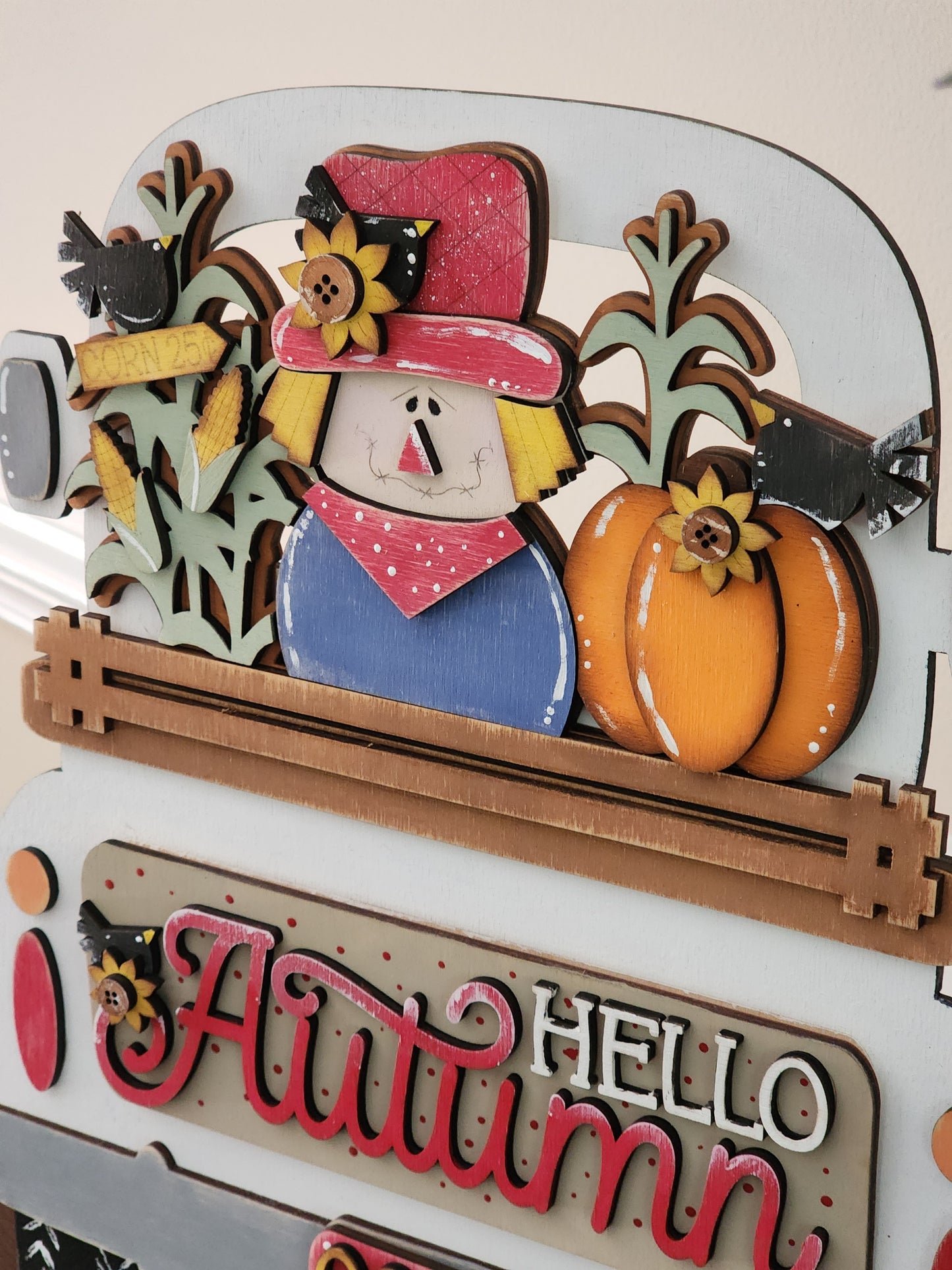 Fall Scarecrow Interchangeable Add-On – 3 Piece Harvest Truck Decor with Crows & Corn Stalks – Hand-Painted Autumn Display