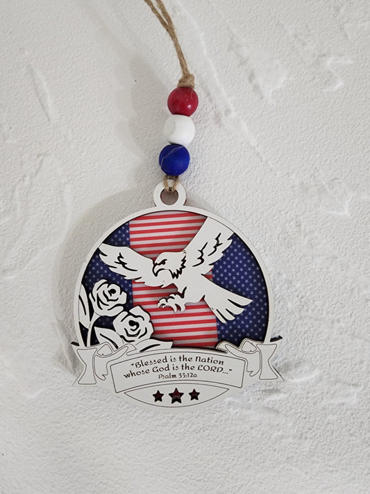 Patriotic Eagle Ornament – American Flag Layered Wood Ornament | Psalm 33:12 or Proverbs 14:34