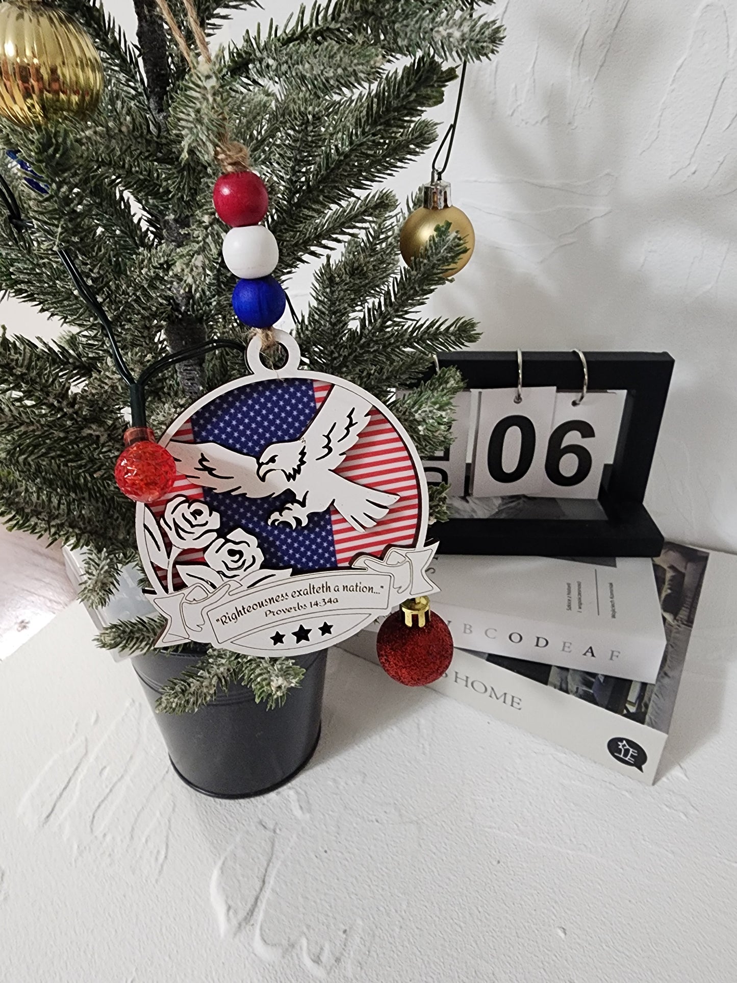 Patriotic Eagle Ornament – American Flag Layered Wood Ornament | Psalm 33:12 or Proverbs 14:34