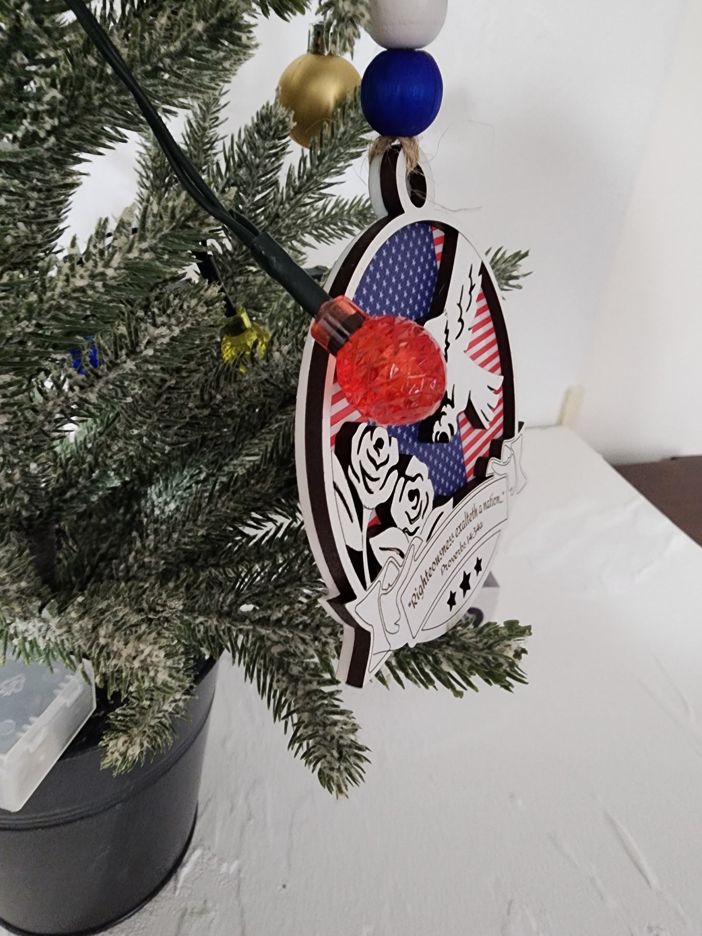 Patriotic Eagle Ornament – American Flag Layered Wood Ornament | Psalm 33:12 or Proverbs 14:34
