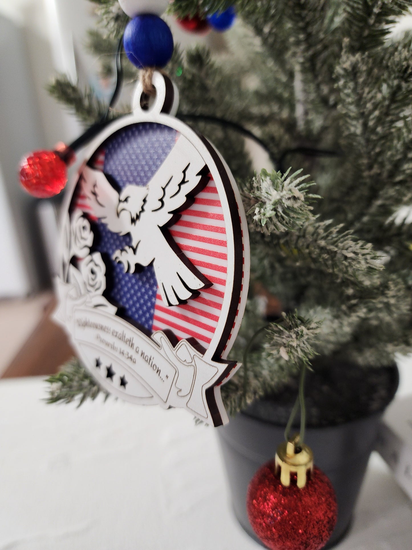 Patriotic Eagle Ornament – American Flag Layered Wood Ornament | Psalm 33:12 or Proverbs 14:34