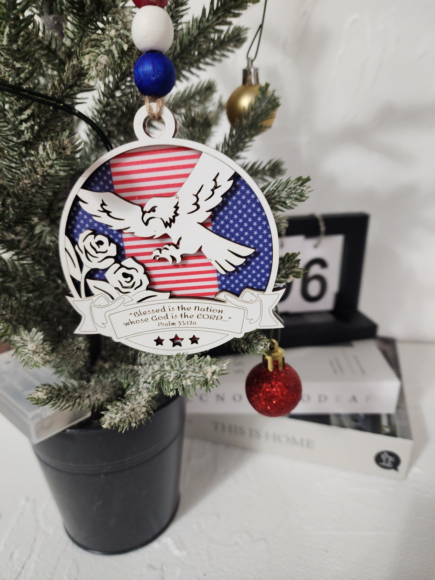 Patriotic Eagle Ornament – American Flag Layered Wood Ornament | Psalm 33:12 or Proverbs 14:34