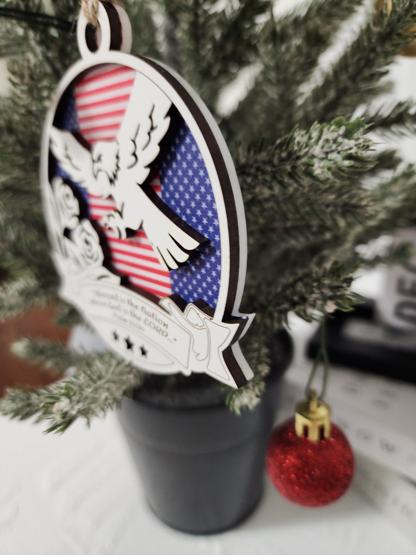 Patriotic Eagle Ornament – American Flag Layered Wood Ornament | Psalm 33:12 or Proverbs 14:34