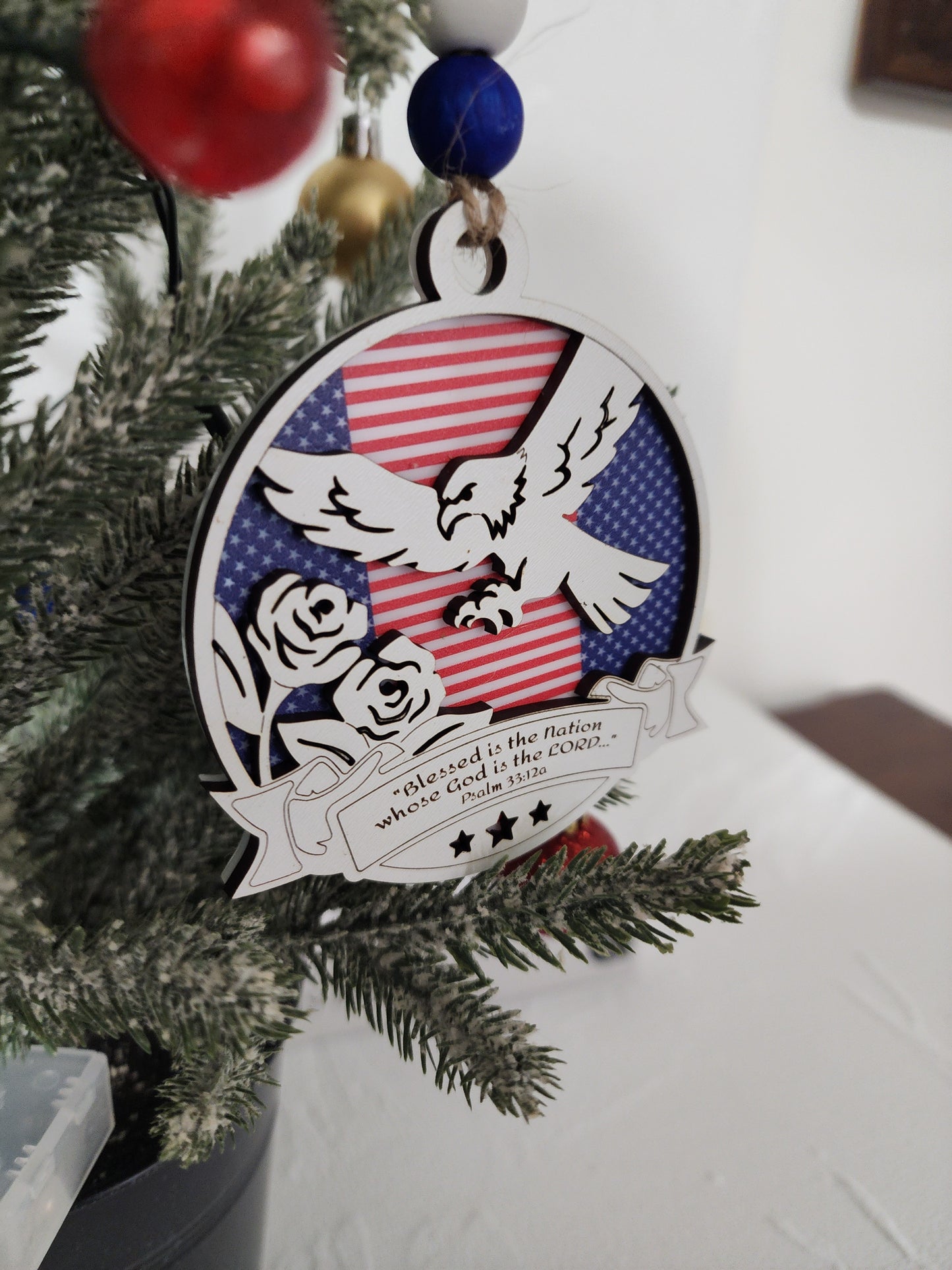 Patriotic Eagle Ornament – American Flag Layered Wood Ornament | Psalm 33:12 or Proverbs 14:34