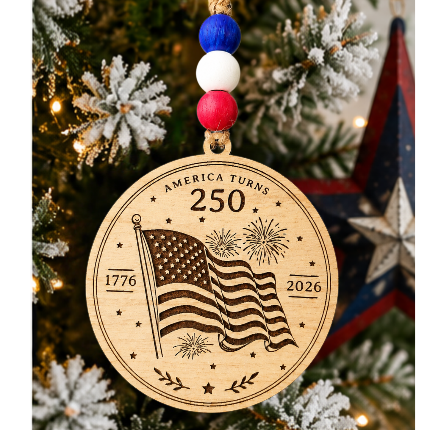 Handcrafted wooden America 250 ornament featuring Flag. Laser engraved patriotic keepsake with red, white, and blue bead accents celebrating America's 250th anniversary.