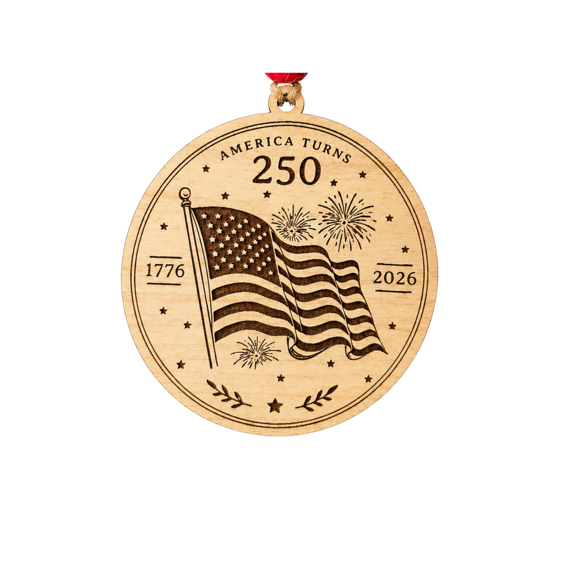 Handcrafted wooden America 250 ornament featuring Flag. Laser engraved patriotic keepsake with red, white, and blue bead accents celebrating America's 250th anniversary.