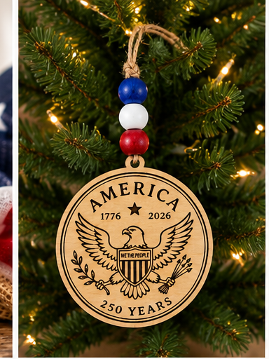 Handcrafted wooden America 250 ornament featuring Eagle. Laser engraved patriotic keepsake with red, white, and blue bead accents celebrating America's 250th anniversary.