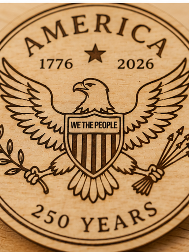 Handcrafted wooden America 250 ornament featuring Eagle. Laser engraved patriotic keepsake with red, white, and blue bead accents celebrating America's 250th anniversary.
