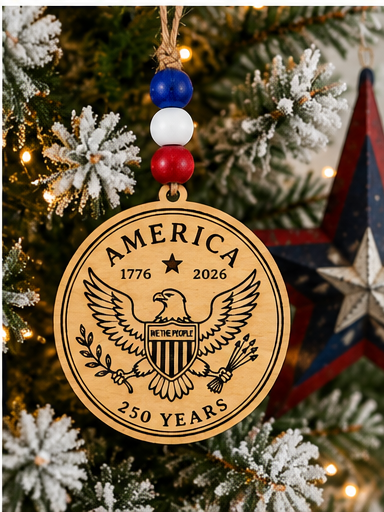 Handcrafted wooden America 250 ornament featuring Eagle. Laser engraved patriotic keepsake with red, white, and blue bead accents celebrating America's 250th anniversary.