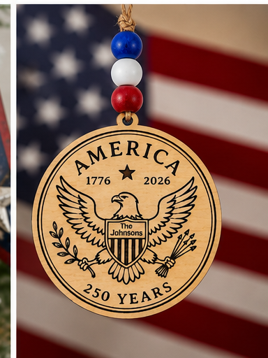 Handcrafted wooden America 250 ornament featuring Eagle. Laser engraved patriotic keepsake with red, white, and blue bead accents celebrating America's 250th anniversary.