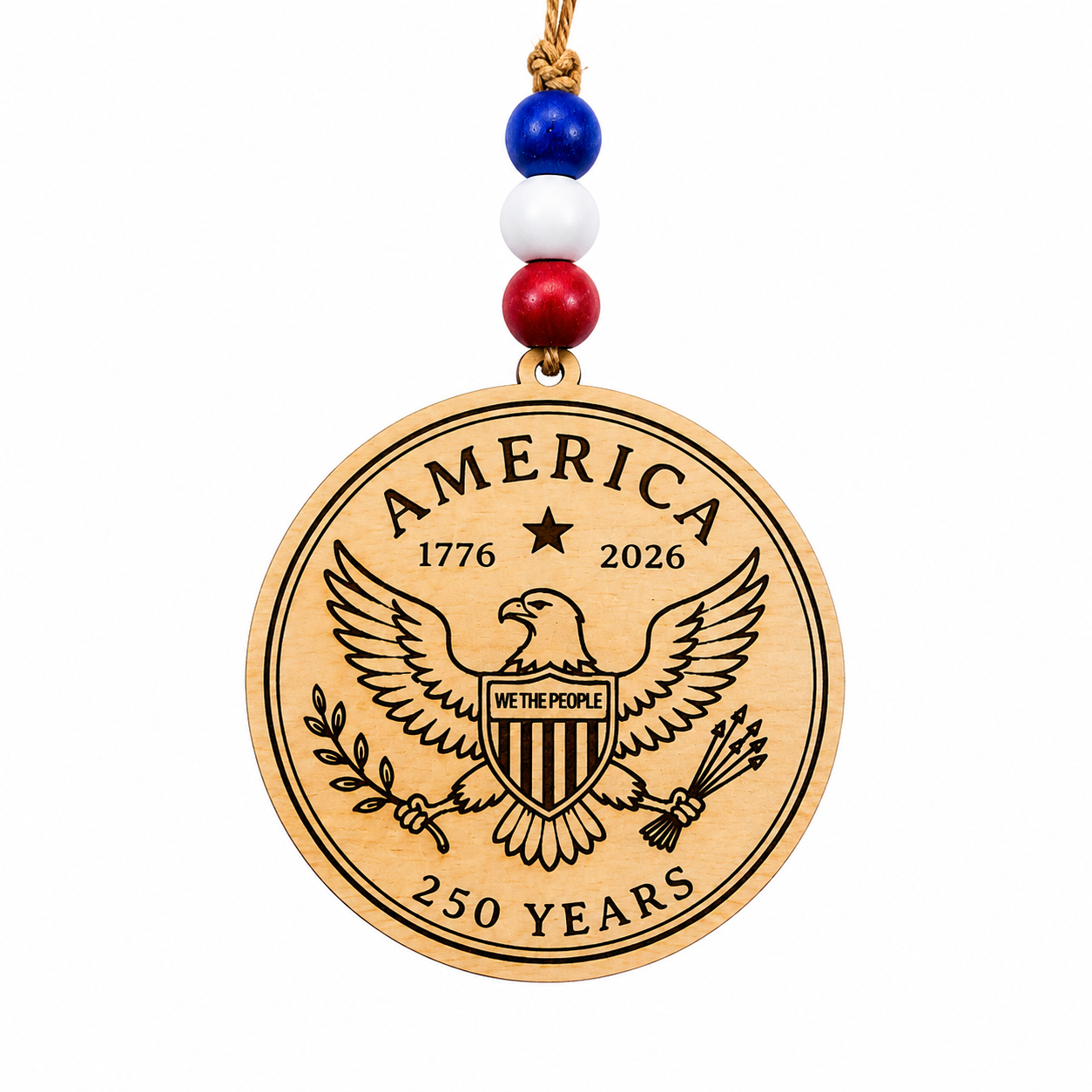 Handcrafted wooden America 250 ornament featuring Eagle. Laser engraved patriotic keepsake with red, white, and blue bead accents celebrating America's 250th anniversary.