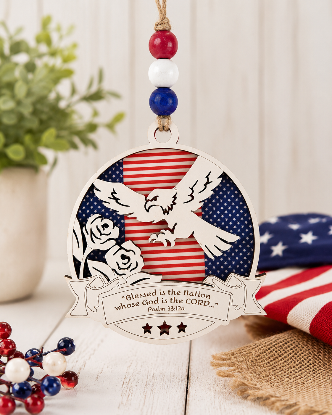 Patriotic Eagle Ornament – American Flag Layered Wood Ornament | Psalm 33:12 or Proverbs 14:34