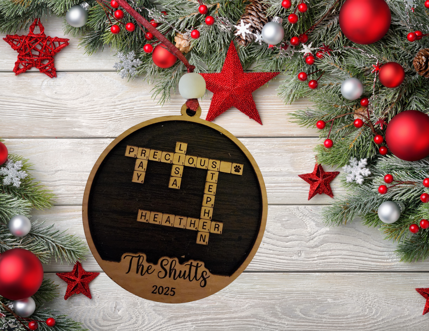 Personalized Crossword Family Ornament – Custom Wooden Christmas Ornament