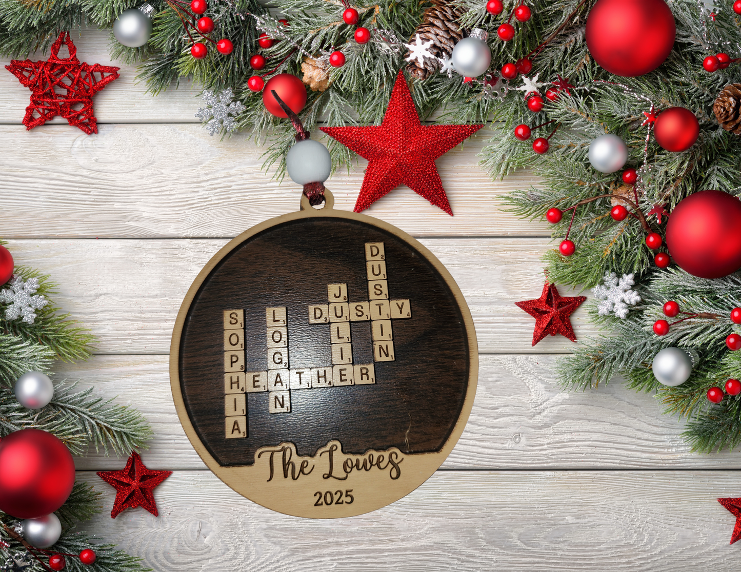 Personalized Crossword Family Ornament – Custom Wooden Christmas Ornament