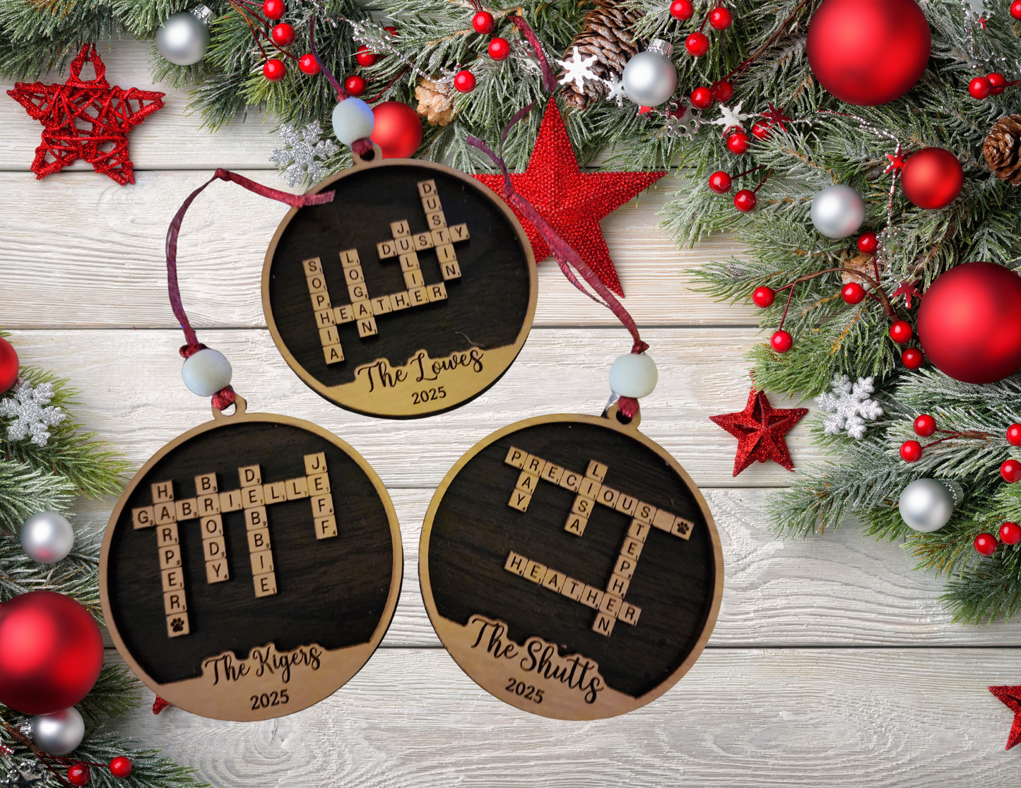 Personalized Crossword Family Ornament – Custom Wooden Christmas Ornament