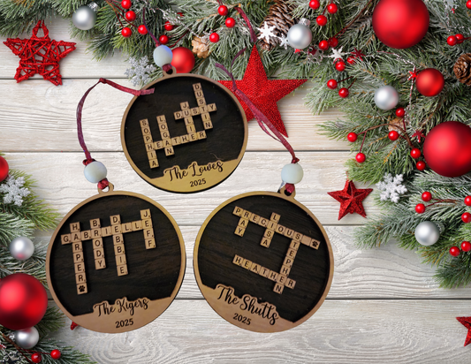 Personalized Crossword Family Ornament – Custom Wooden Christmas Ornament
