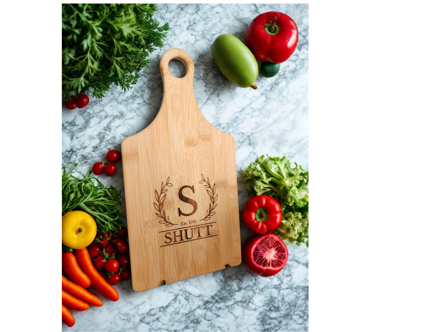 Personalized Bamboo Cutting Board with Handle – Custom Engraved Name & Initial | A Gift That Feels Like Home