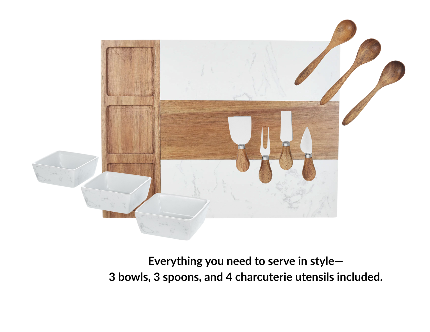 Marble & Acacia Wood Charcuterie Board – 11-Piece Entertaining Set | Cheese & Snack Serving Tray