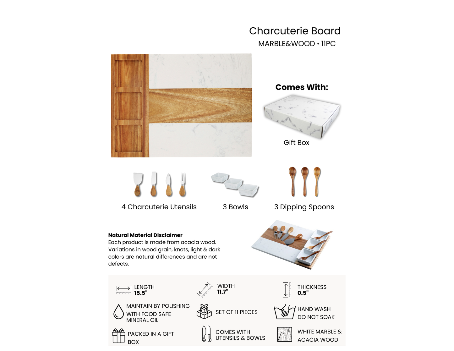 Marble & Acacia Wood Charcuterie Board – 11-Piece Entertaining Set | Cheese & Snack Serving Tray