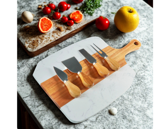 Gather & Serve – Engraved Marble & Acacia Serving Set