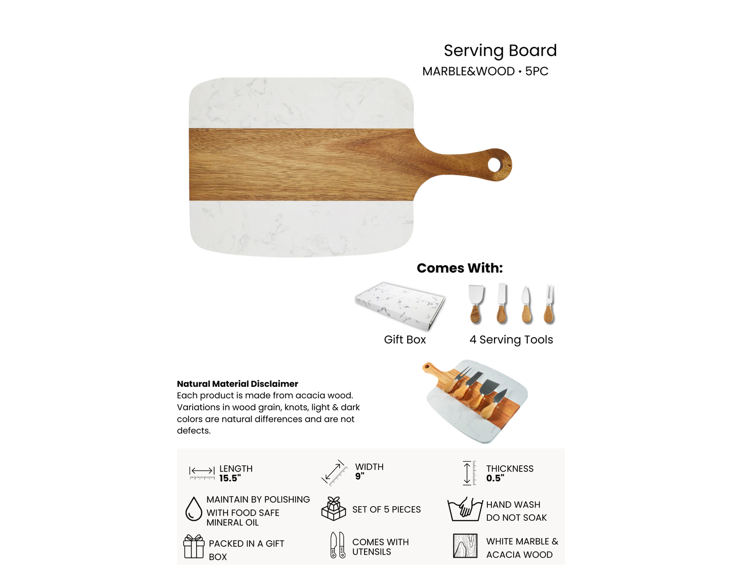 Gather & Serve – Engraved Marble & Acacia Serving Set