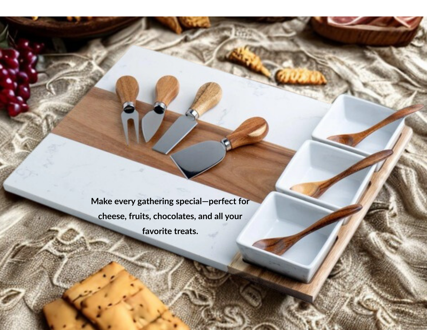 Marble & Acacia Wood Charcuterie Board – 11-Piece Entertaining Set | Cheese & Snack Serving Tray