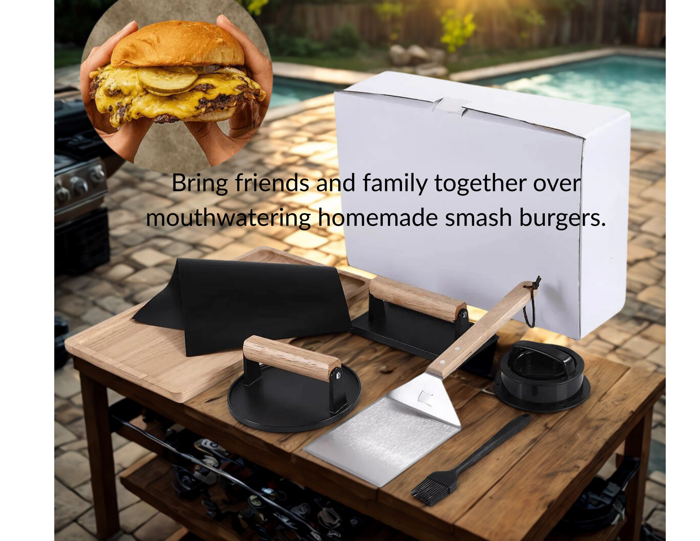 Smash, Flip & Sizzle! 9-Piece Personalized Burger Grill Kit – Perfect Gift for Grill Lovers, Engravable Board & Tools