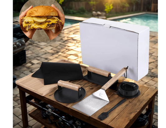 Smash, Flip & Sizzle! 9-Piece Personalized Burger Grill Kit – Perfect Gift for Grill Lovers, Engravable Board & Tools