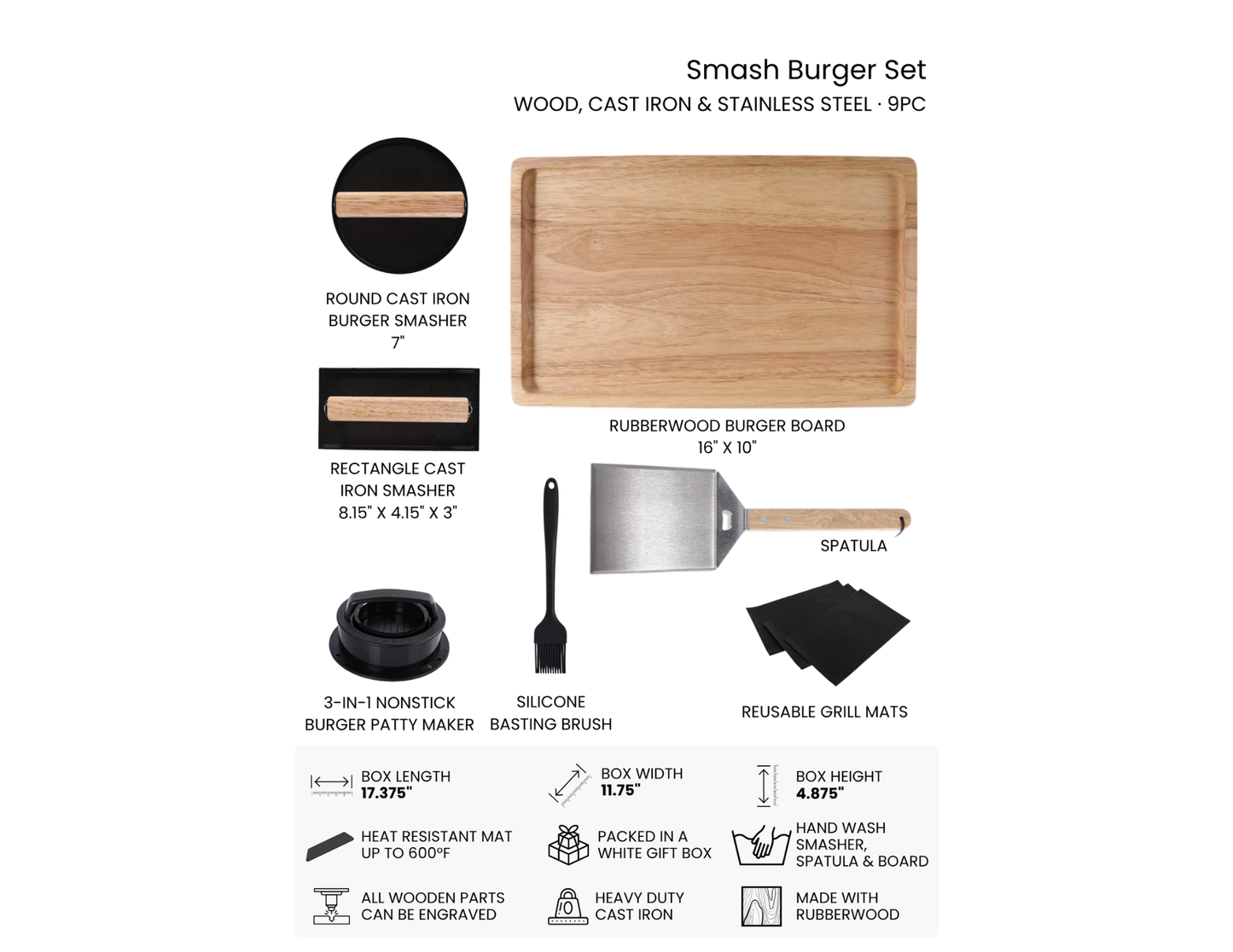Smash, Flip & Sizzle! 9-Piece Personalized Burger Grill Kit – Perfect Gift for Grill Lovers, Engravable Board & Tools